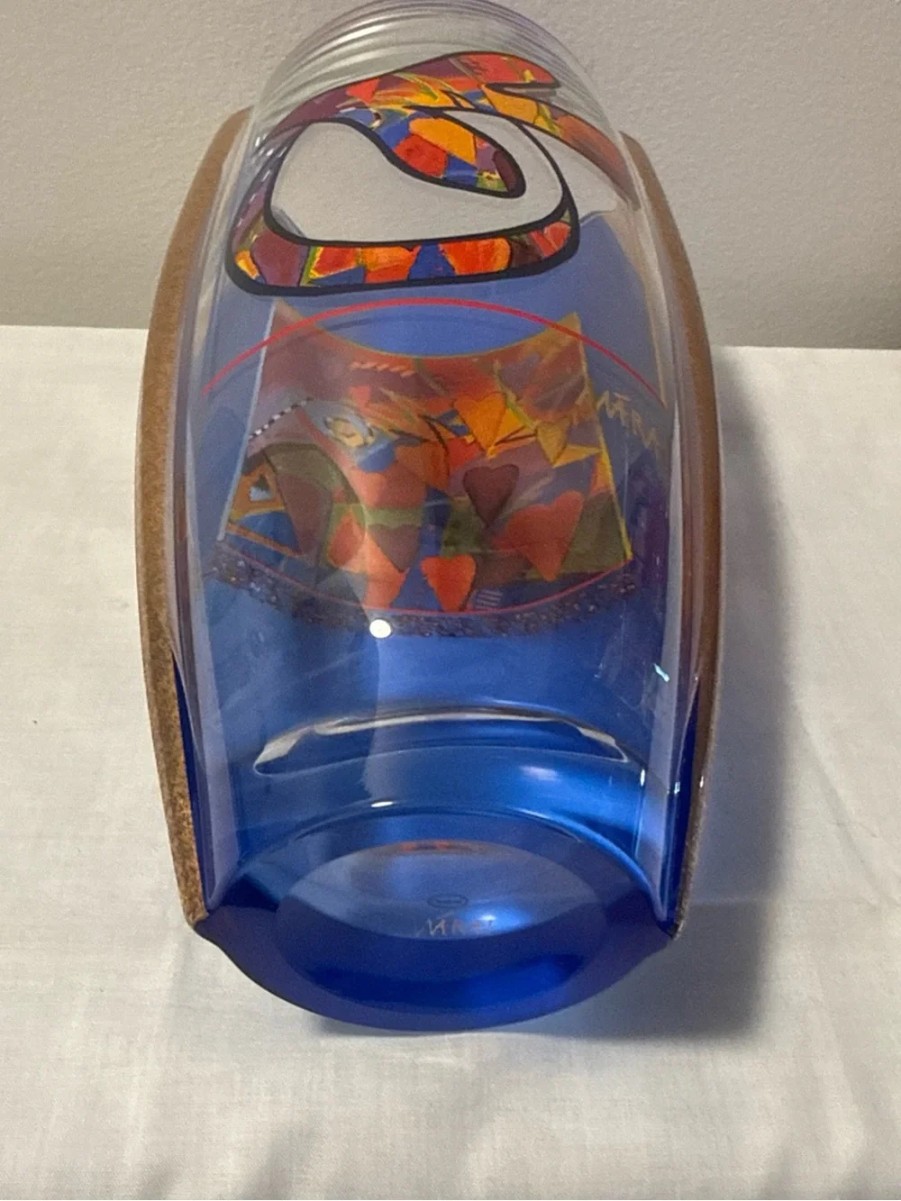 Goebel Blue Glass Vase with Multicolor Heart Motif signed MARA! 30cm tall